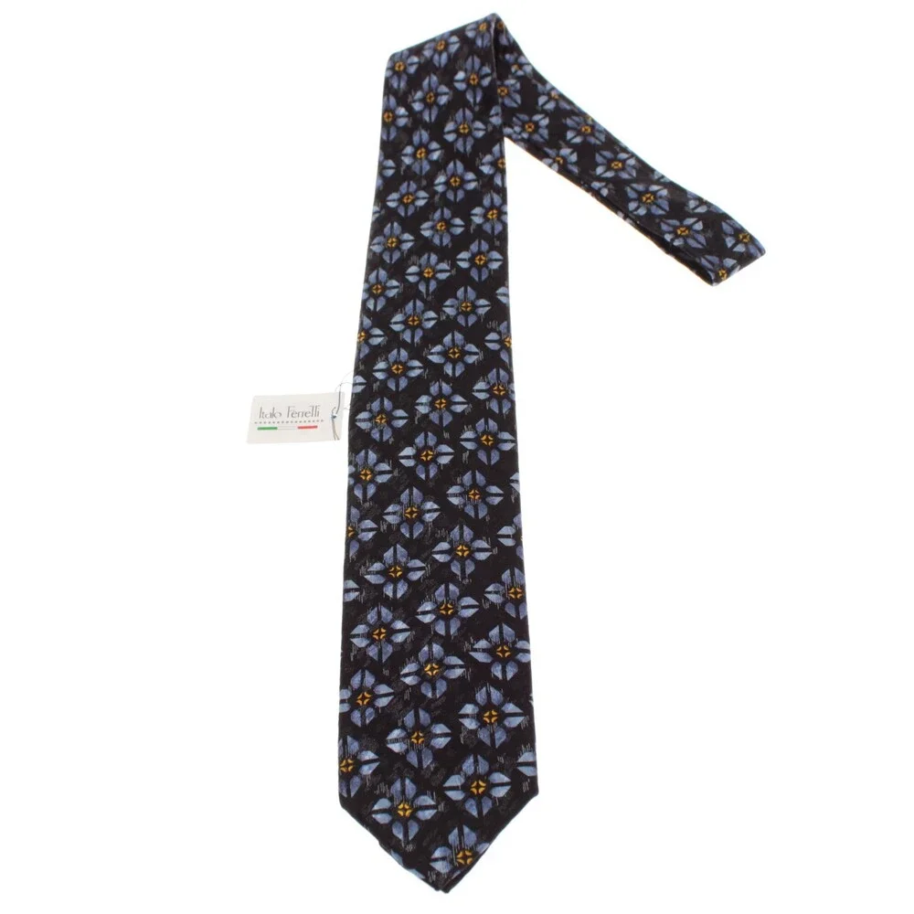 Italo Ferretti NWT Neck Tie in Black with Blue & Yellow Floral Print 100% Silk
